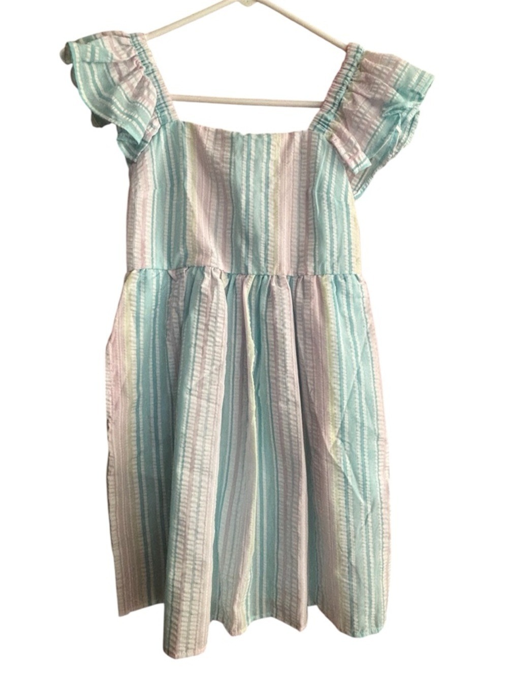 Light Blue & White Stripe Ruffle-Sleeve Kids Dress - Picture 3 of 8